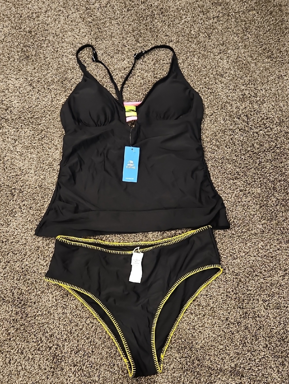 Cupshe Black Tankini with Yellow Trim